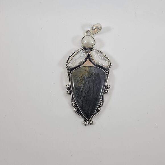Artisan Black Jasper Pendant With Freshwater Pearl Accents on a 20" Silver Chain - Picture 10 of 10